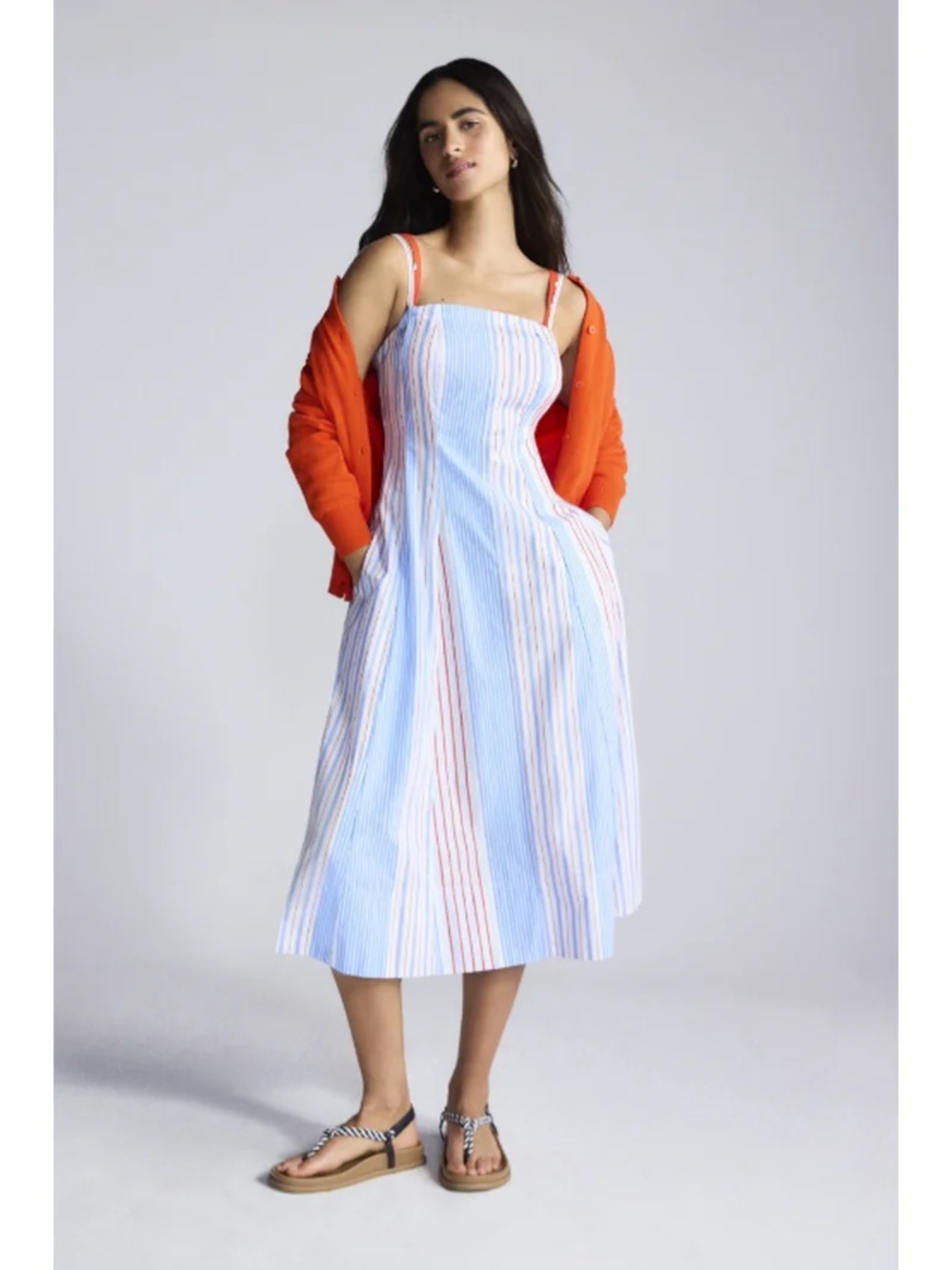 Free Assembly Blue & White Striped Spaghetti Strap Midi Dress with Red Accents - Picture 1 of 13